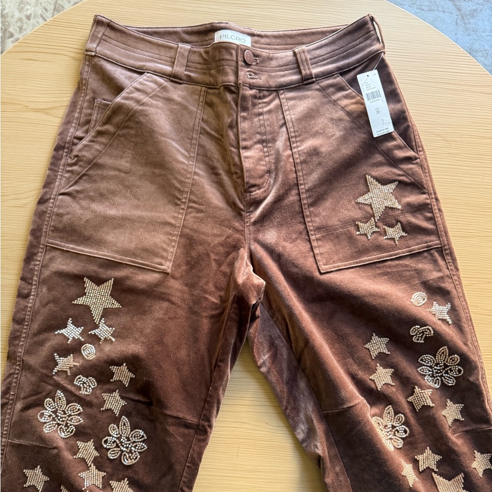 Pilcro Wanderer Velvet Star Embroidered Pants Anthropologie Brown Size 28 NWT - Picture 6 of 7